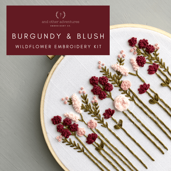 Beginner Embroidery Kit - Burgundy & Blush Wildflowers