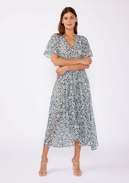 Floral Chiffon Smocked V Neck Midi Dress