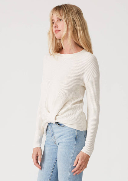 Waffle Knit Crew Neck Front Knot Pullover Sweater