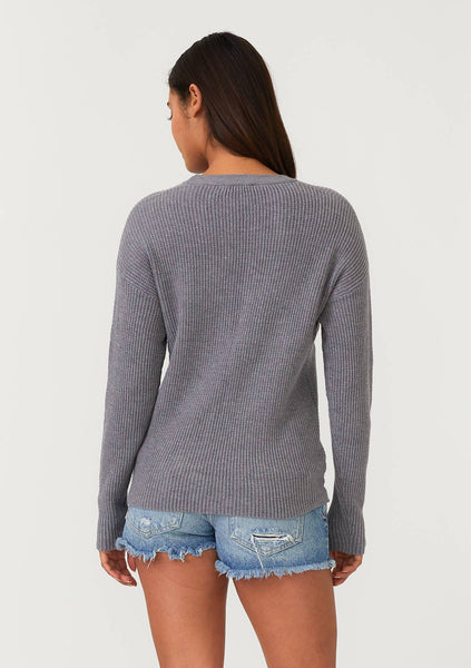 Waffle Knit Crew Neck Front Knot Pullover Sweater