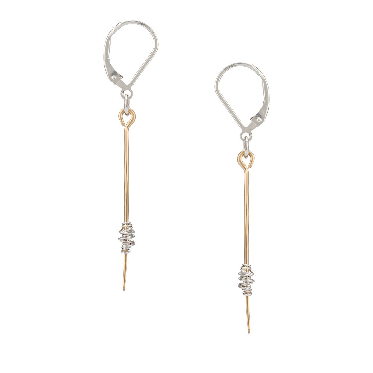 Small Stitched Stem Wire Wrapped Gold Bar Silver Earrings