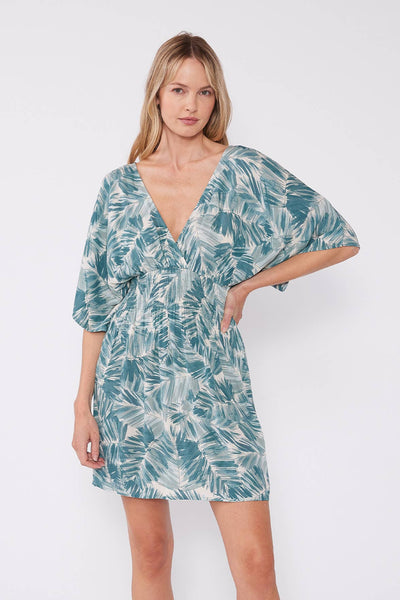 Tropical Kimono Sleeve Smocked Mini Dress