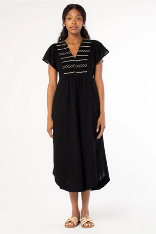 Cotton Slub Smocked Button Down Midi Dress