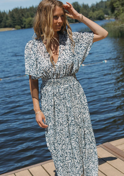 Floral Chiffon Smocked V Neck Midi Dress