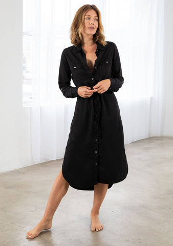 Black Tencel 3/4 Sleeve Button Down Shirt Dress