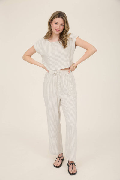 Pinstripe Drawstring Straight Leg Linen Pants
