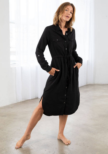 Black Tencel 3/4 Sleeve Button Down Shirt Dress