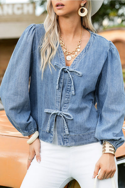 Tied Front Long Puff Sleeve Denim Top