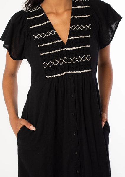 Cotton Slub Smocked Button Down Midi Dress