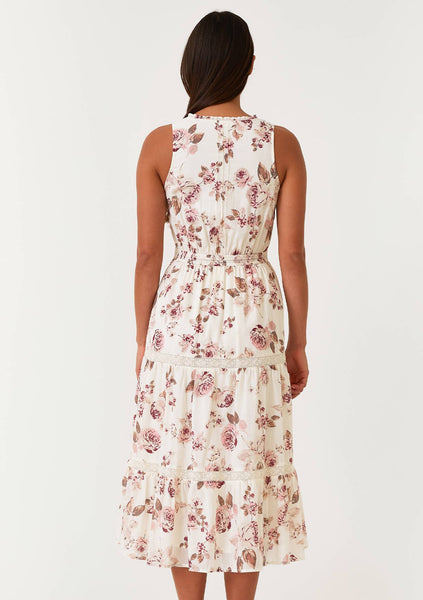 Floral Lace Sleeveless Tiered Midi Dress