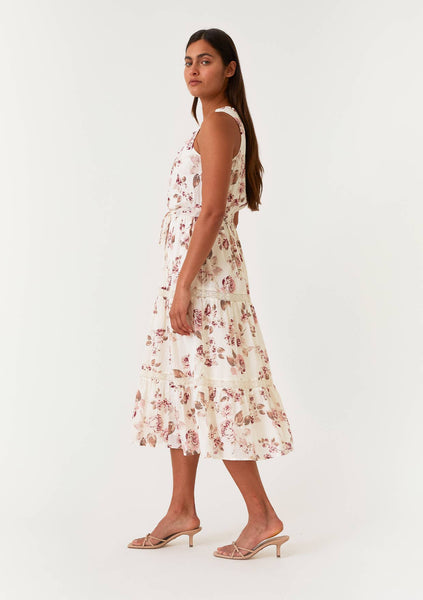 Floral Lace Sleeveless Tiered Midi Dress