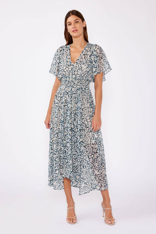 Floral Chiffon Smocked V Neck Midi Dress