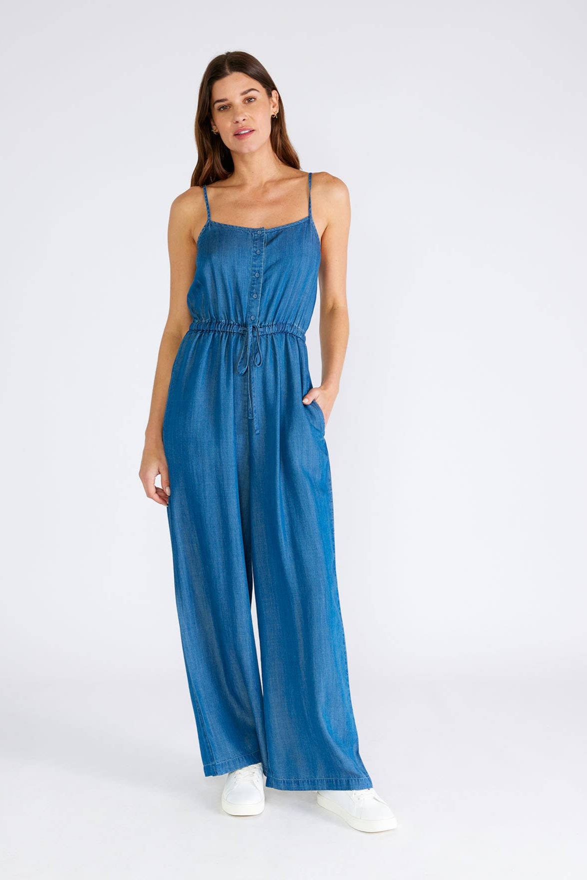 Tencel Sleeveless Button Front Wide Leg Jumpsuit