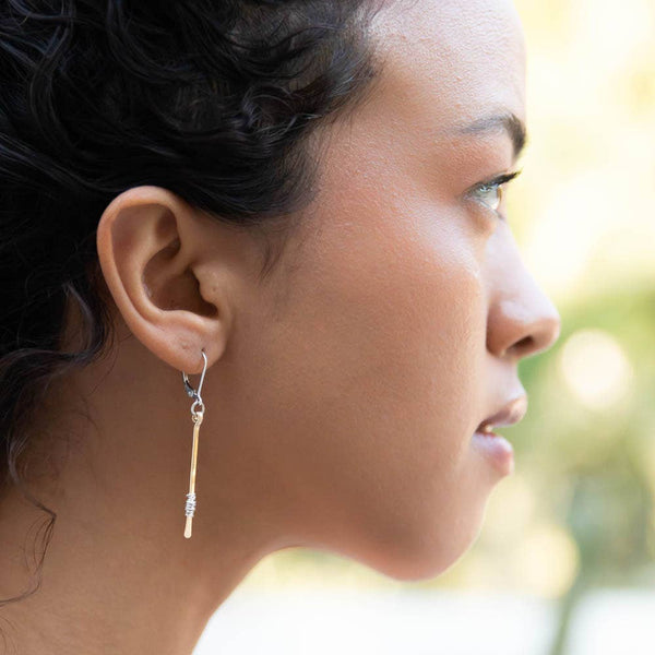 Small Stitched Stem Wire Wrapped Gold Bar Silver Earrings