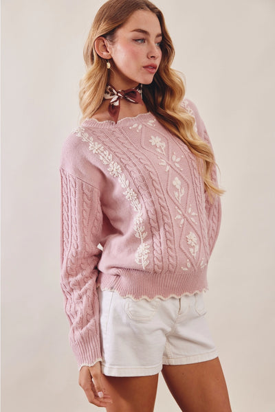 Floral Embroidered Cable Knit Sweater - Adored A Lovely Boutique