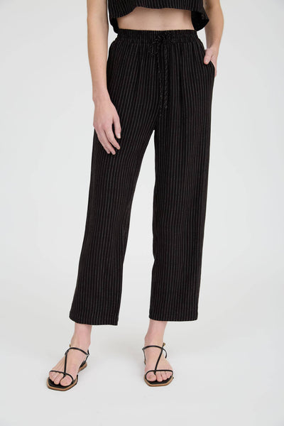 Pinstripe Drawstring Straight Leg Linen Pants
