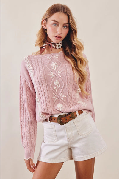 Floral Embroidered Cable Knit Sweater - Adored A Lovely Boutique