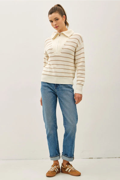 Spread Collar Half Zip Striped Sweater