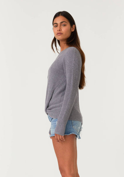 Waffle Knit Crew Neck Front Knot Pullover Sweater