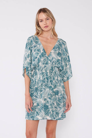 Tropical Kimono Sleeve Smocked Mini Dress