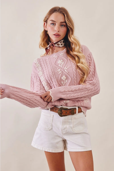 Floral Embroidered Cable Knit Sweater - Adored A Lovely Boutique