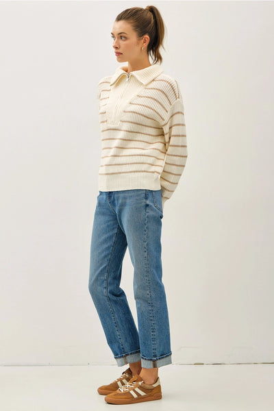 Spread Collar Half Zip Striped Sweater
