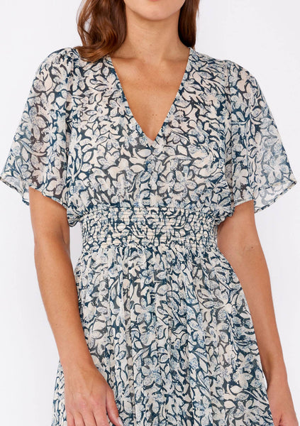Floral Chiffon Smocked V Neck Midi Dress