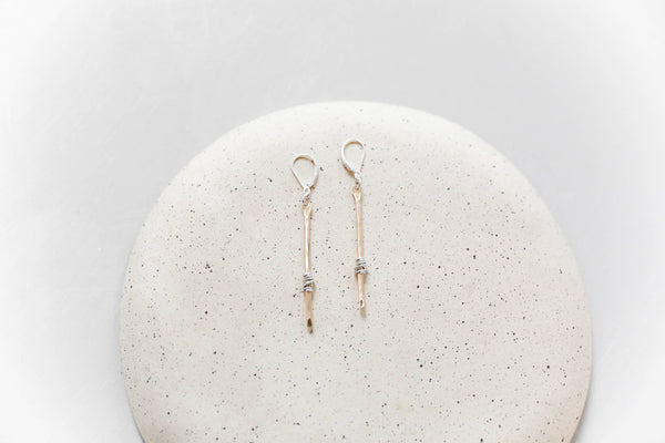 Sparky Silver Wrapped Gold Bar Stem Earrings