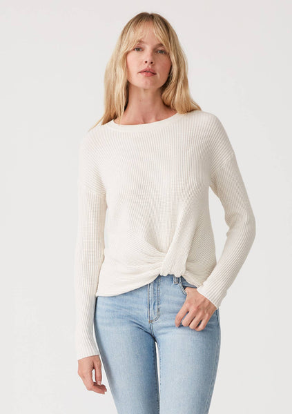 Waffle Knit Crew Neck Front Knot Pullover Sweater