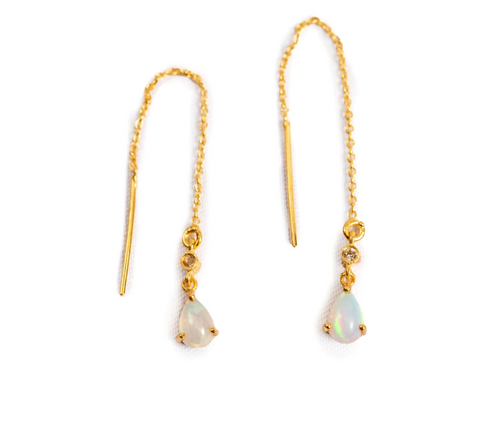 Opal and White Topaz Gold Plated Brass Threader Earrings