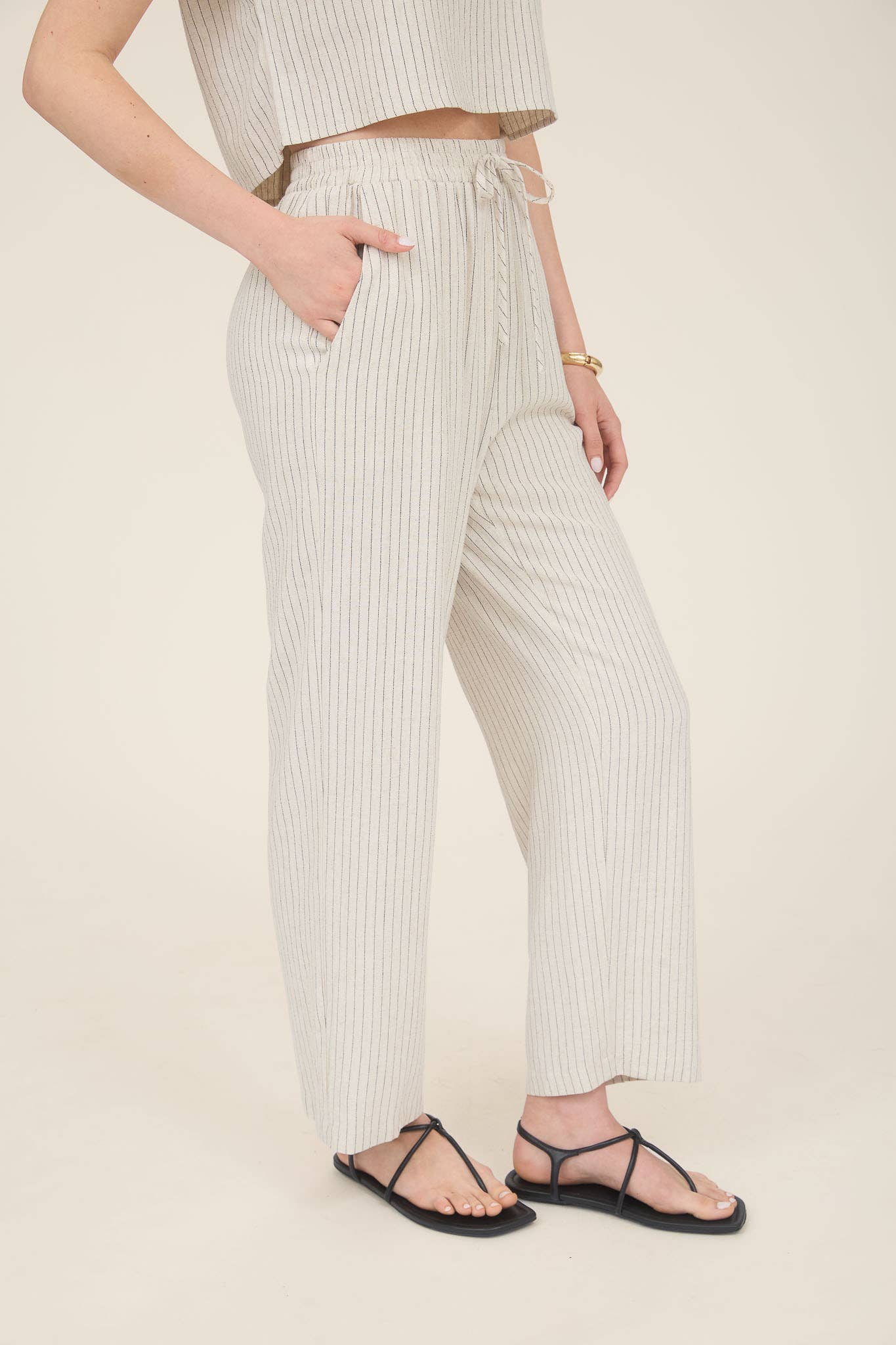 Pinstripe Drawstring Straight Leg Linen Pants