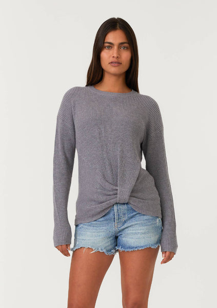 Waffle Knit Crew Neck Front Knot Pullover Sweater