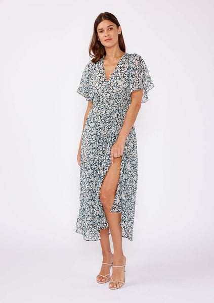 Floral Chiffon Smocked V Neck Midi Dress