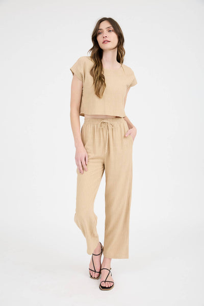 Pinstripe Drawstring Straight Leg Linen Pants