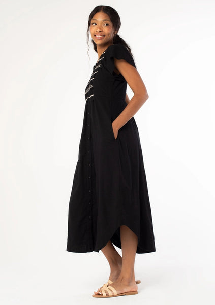 Cotton Slub Smocked Button Down Midi Dress