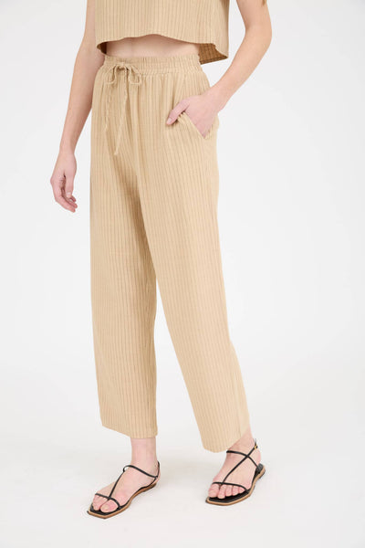 Pinstripe Drawstring Straight Leg Linen Pants