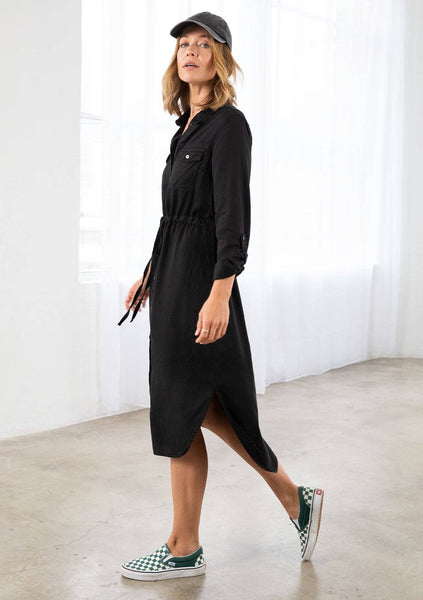 Black Tencel 3/4 Sleeve Button Down Shirt Dress