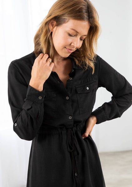 Black Tencel 3/4 Sleeve Button Down Shirt Dress