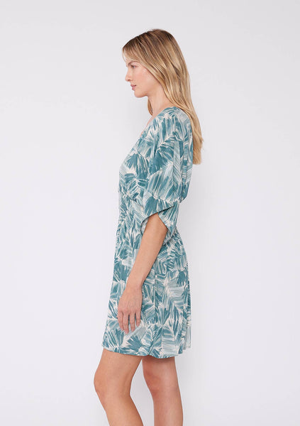 Tropical Kimono Sleeve Smocked Mini Dress