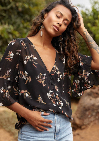 Sheer Floral Half Sleeve Button Down Blouse