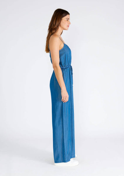 Tencel Sleeveless Button Front Wide Leg Jumpsuit