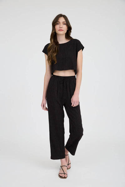Pinstripe Drawstring Straight Leg Linen Pants