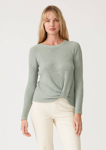 Waffle Knit Crew Neck Front Knot Pullover Sweater