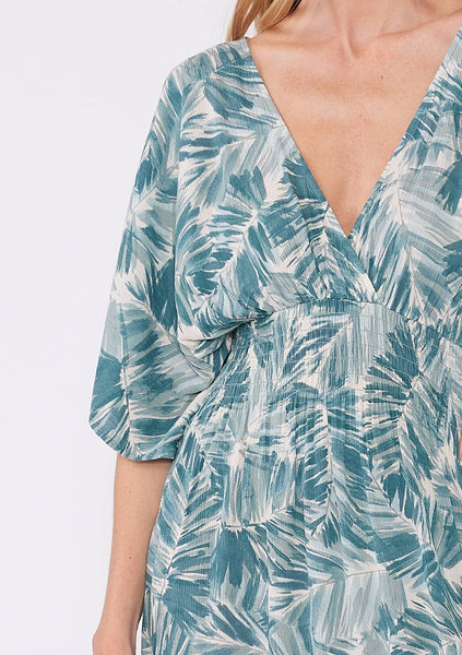 Tropical Kimono Sleeve Smocked Mini Dress