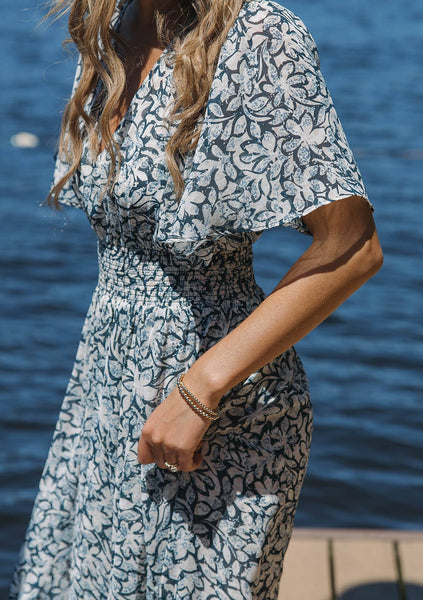 Floral Chiffon Smocked V Neck Midi Dress