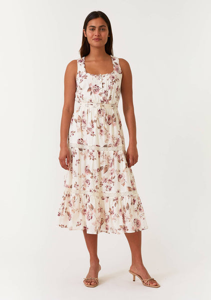 Floral Lace Sleeveless Tiered Midi Dress