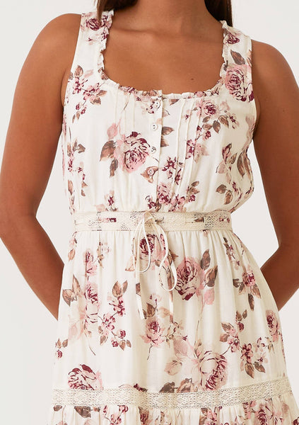 Floral Lace Sleeveless Tiered Midi Dress