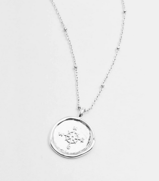 Compass Coin Necklace Silver